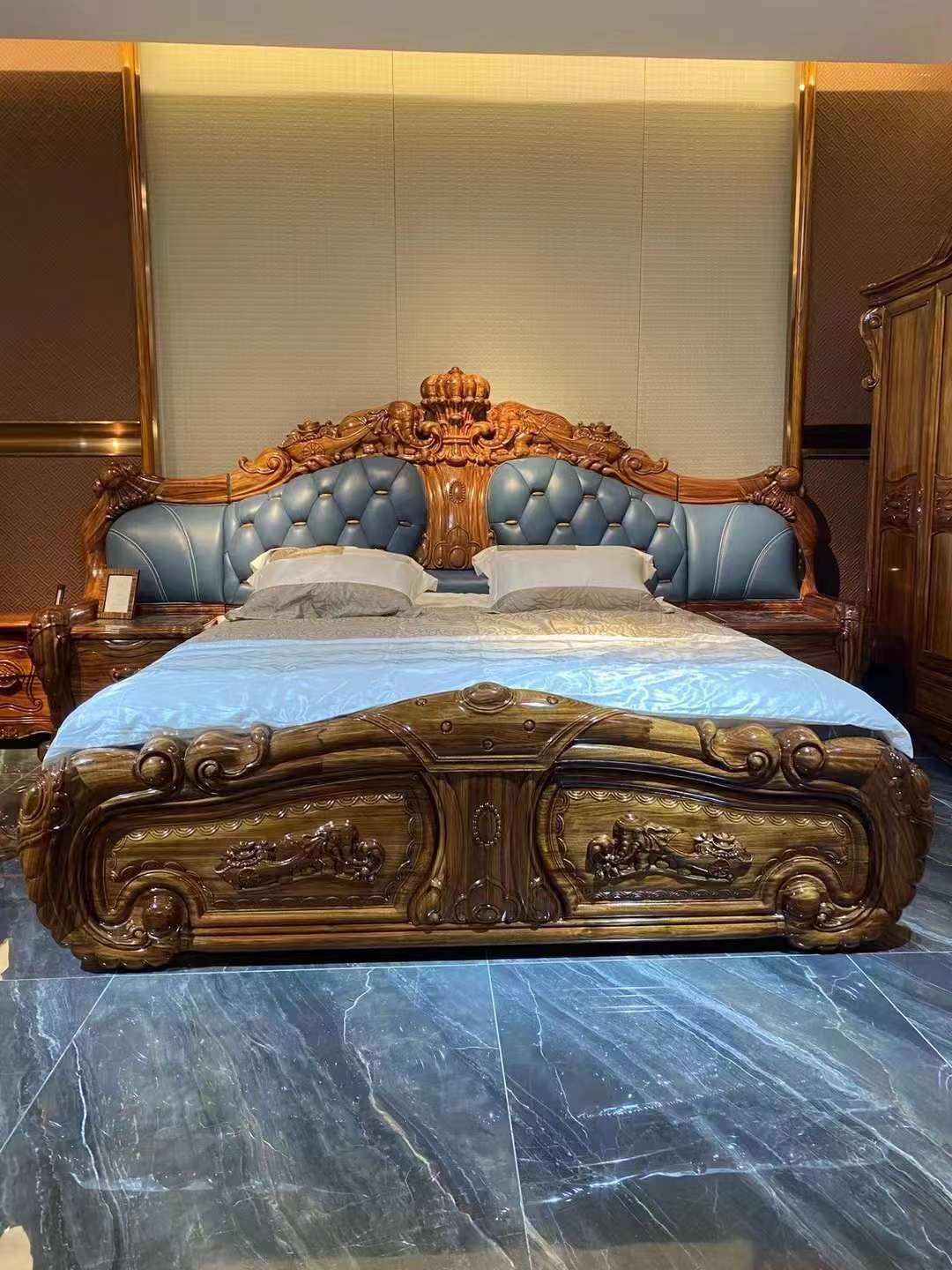 Luxury ebony wood leather bed beautiful bed set