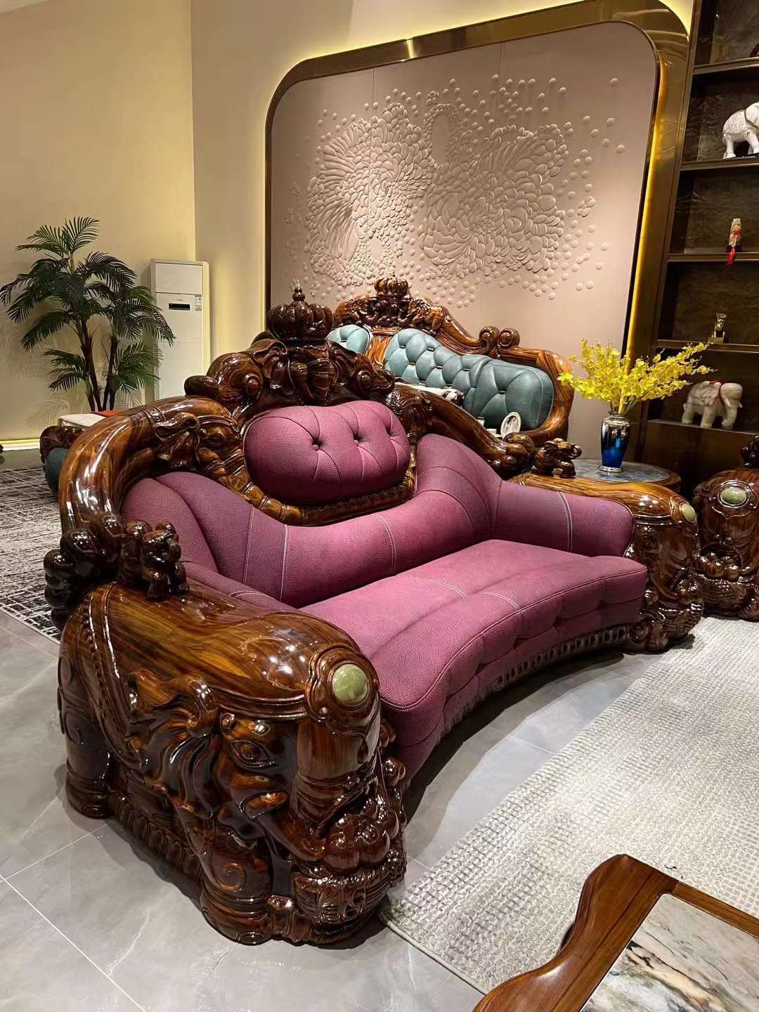 Luxury king ebony wood leather sofa living room sofa set