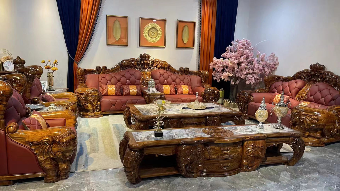 Luxury crown ebony wood leather sofa