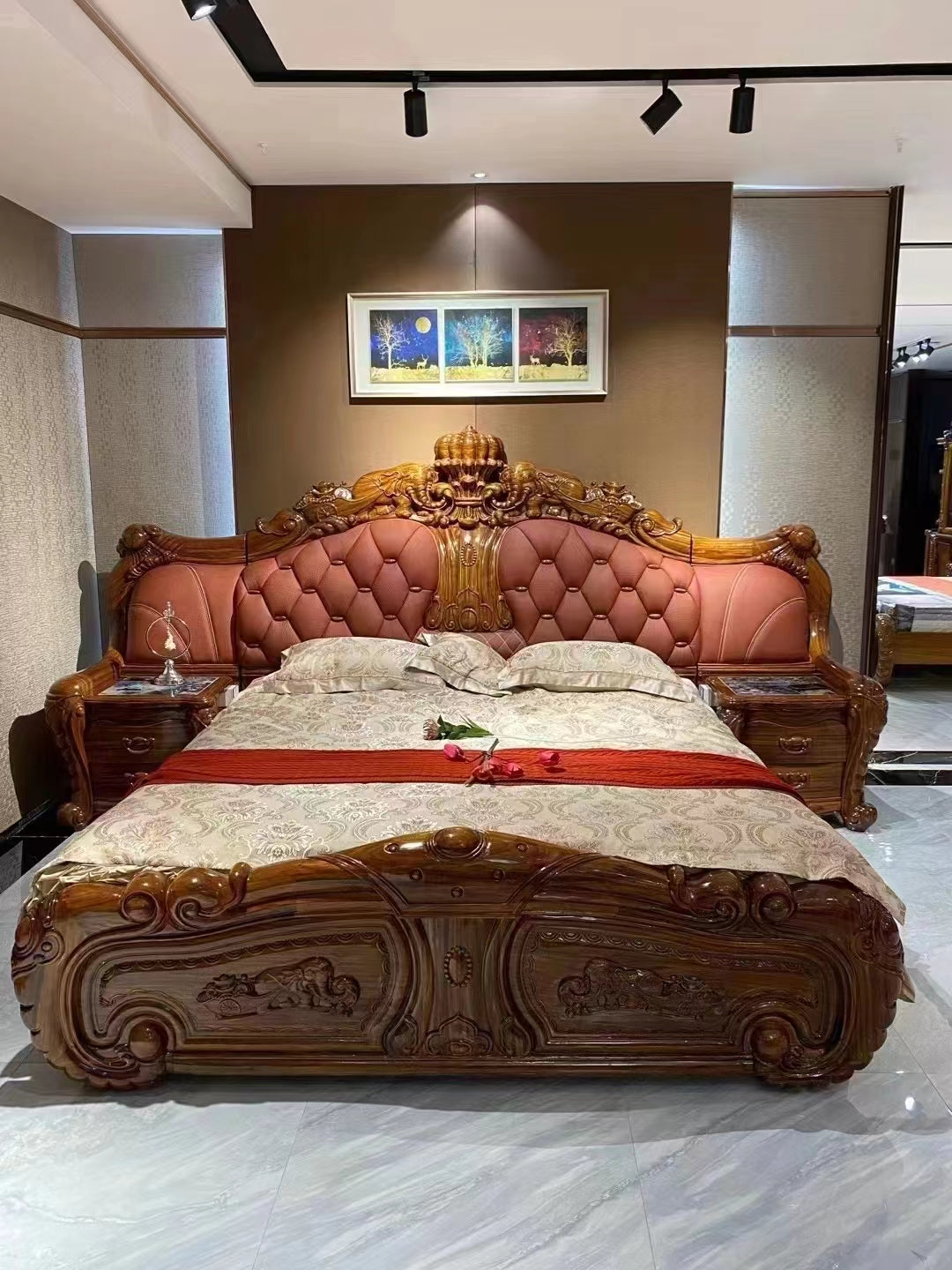 Luxury ebony wood leather bed beautiful sofa and bed set