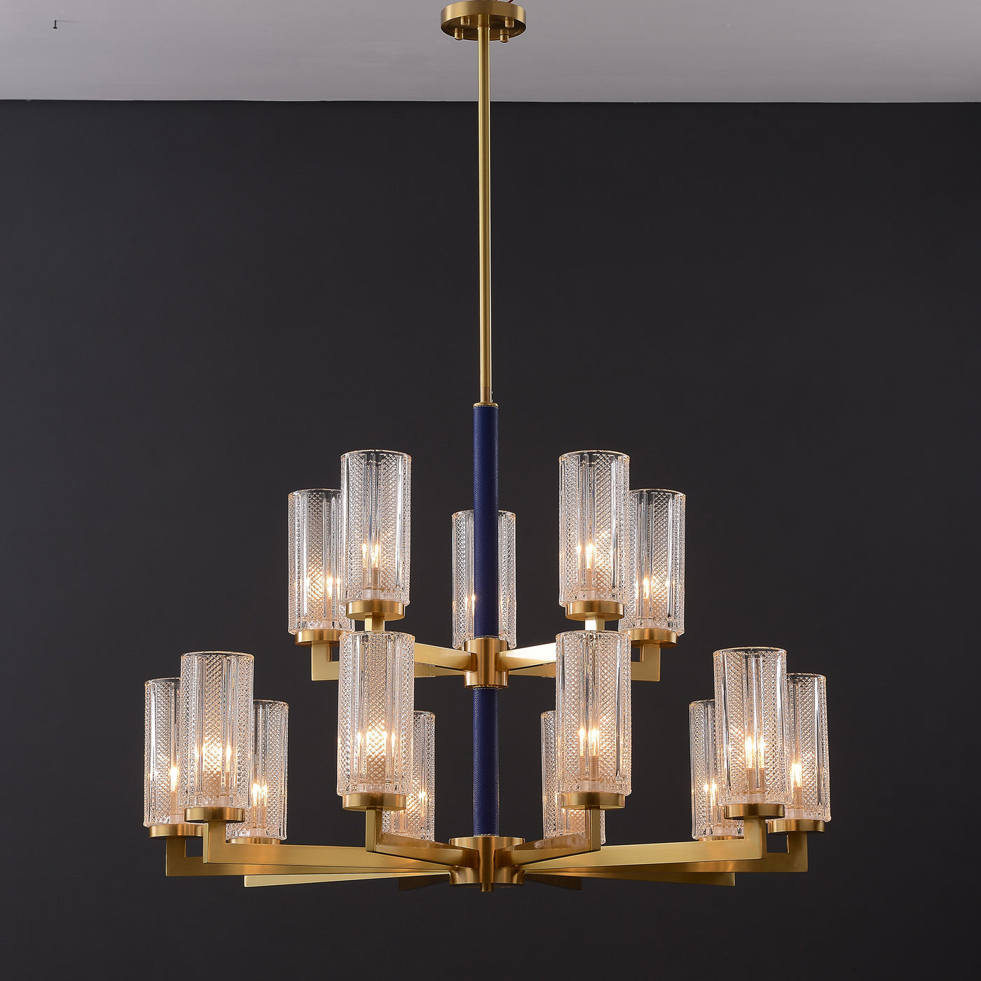 Double layer Blue Leather glass chandelier