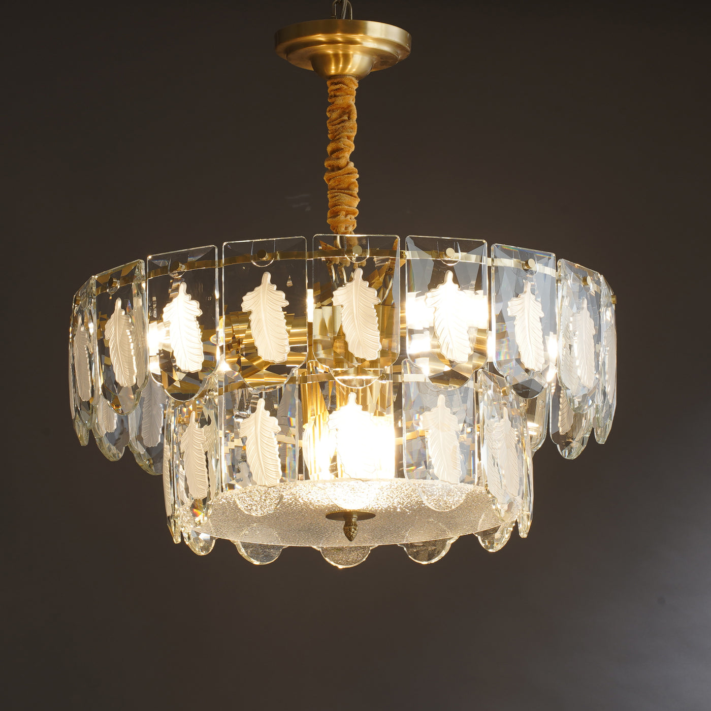 White Feather Full Copper Round Two-Tier Chandelier