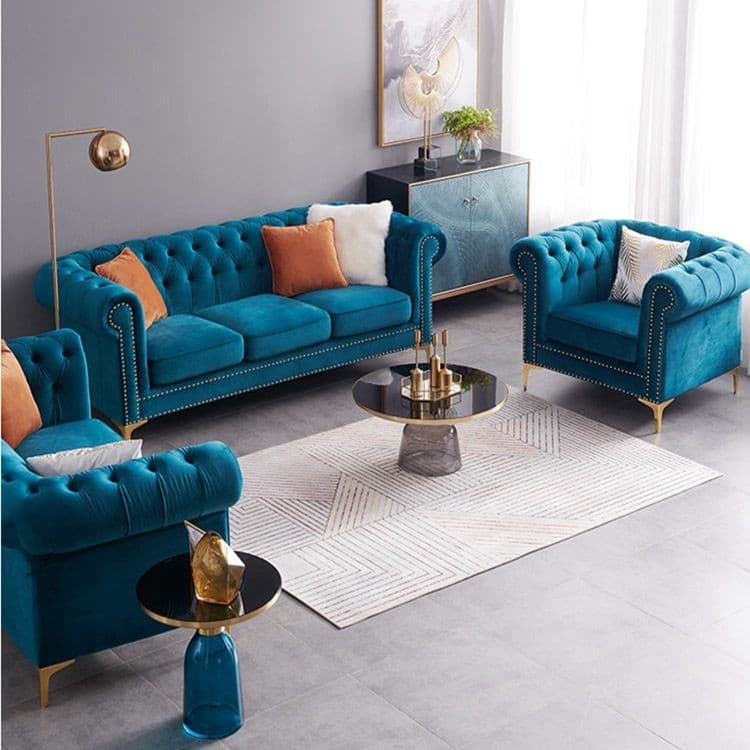 Blue Fabric sofa Living room couch with rivets