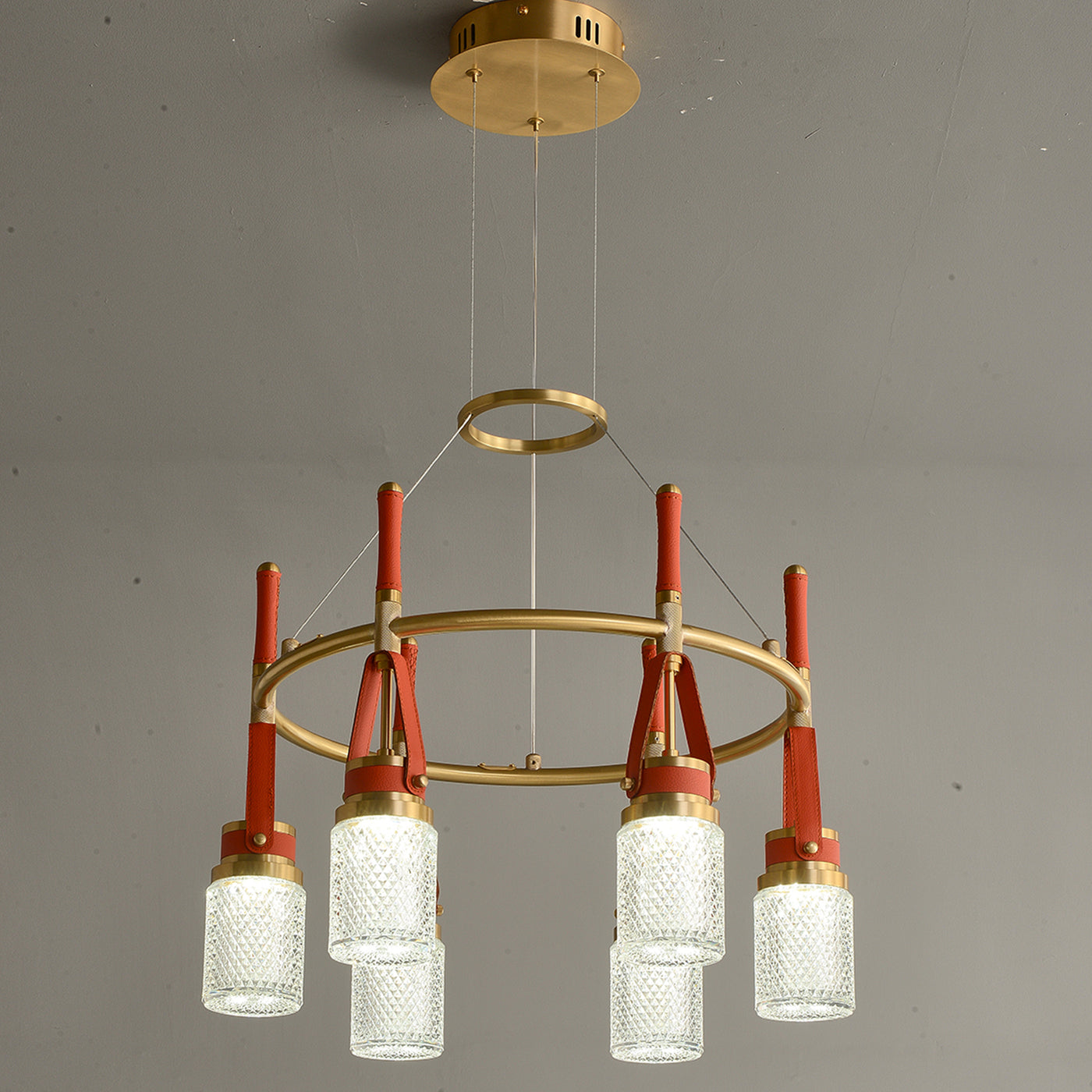 Luxury and full copper red leather chandelier
