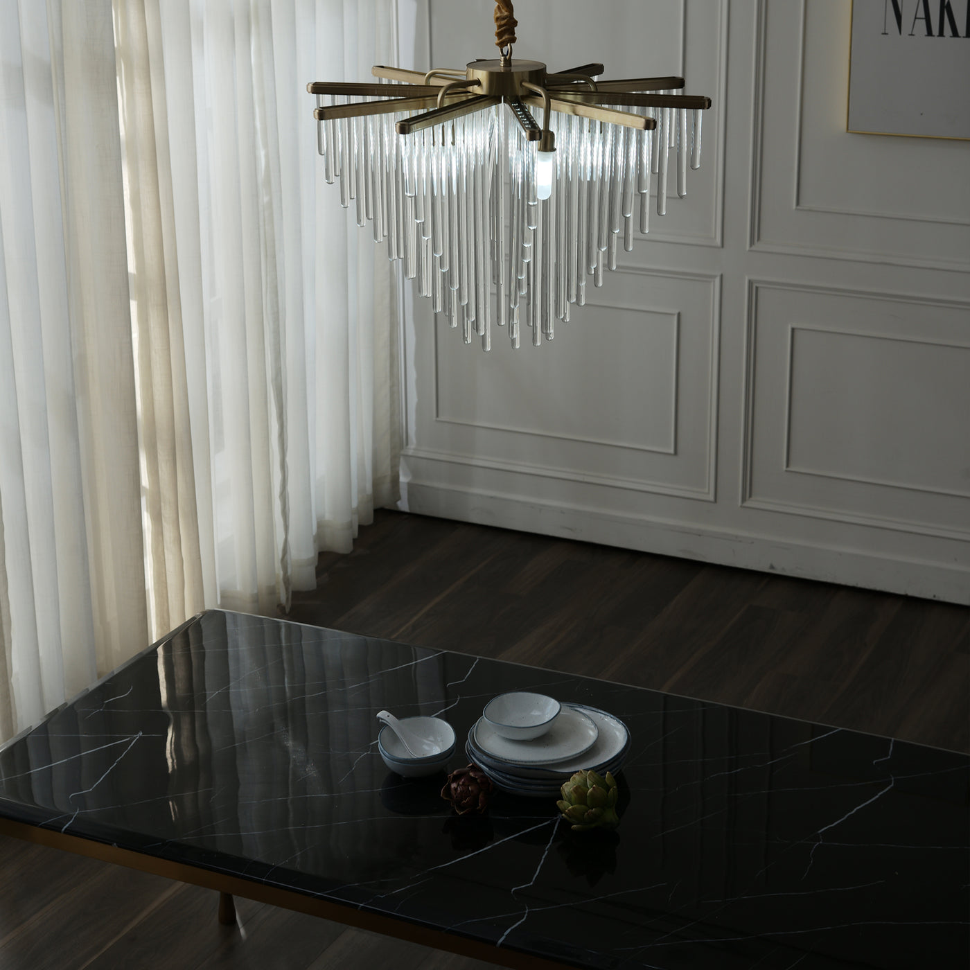 Modern linear brass chandelier