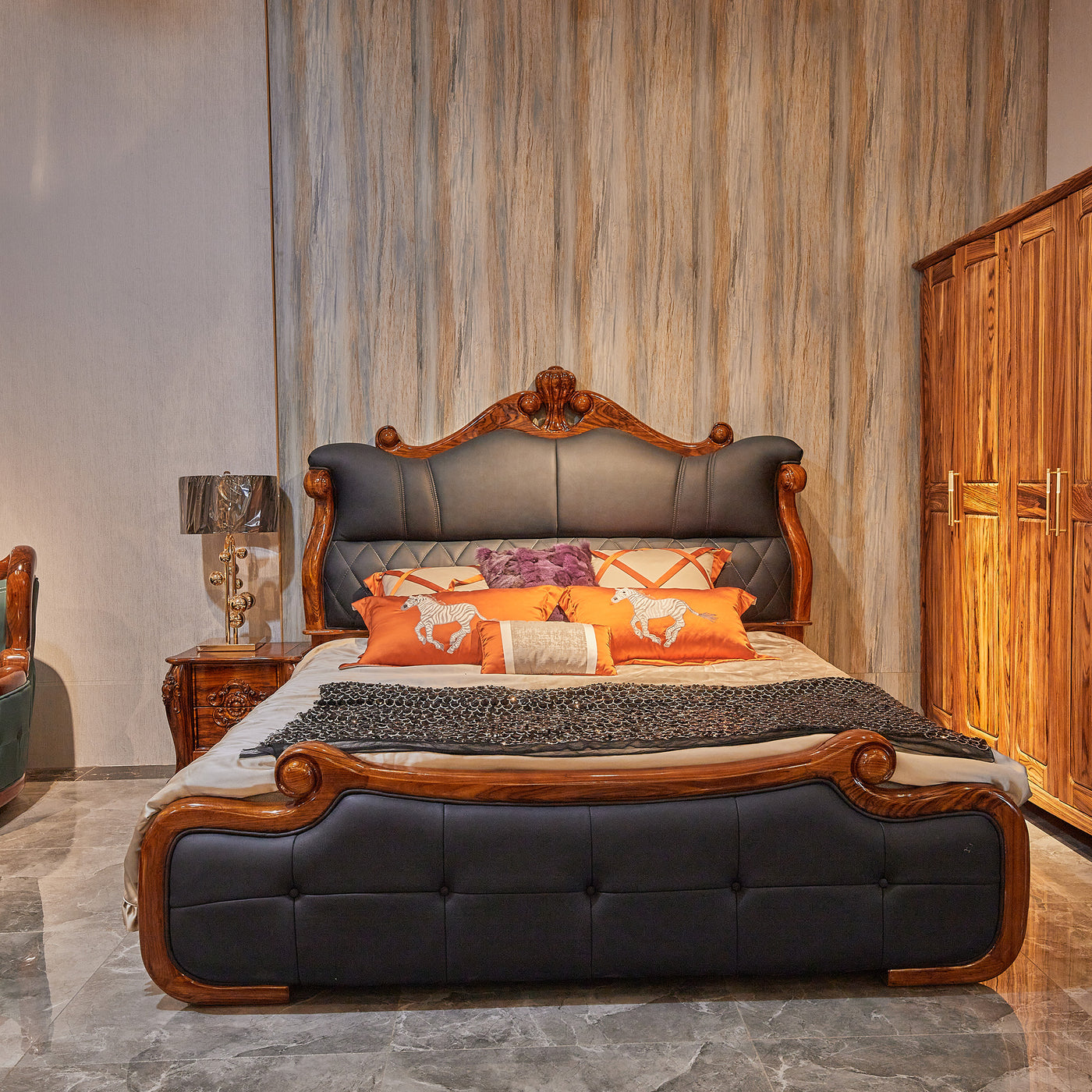 Luxury ebony wood leather bed