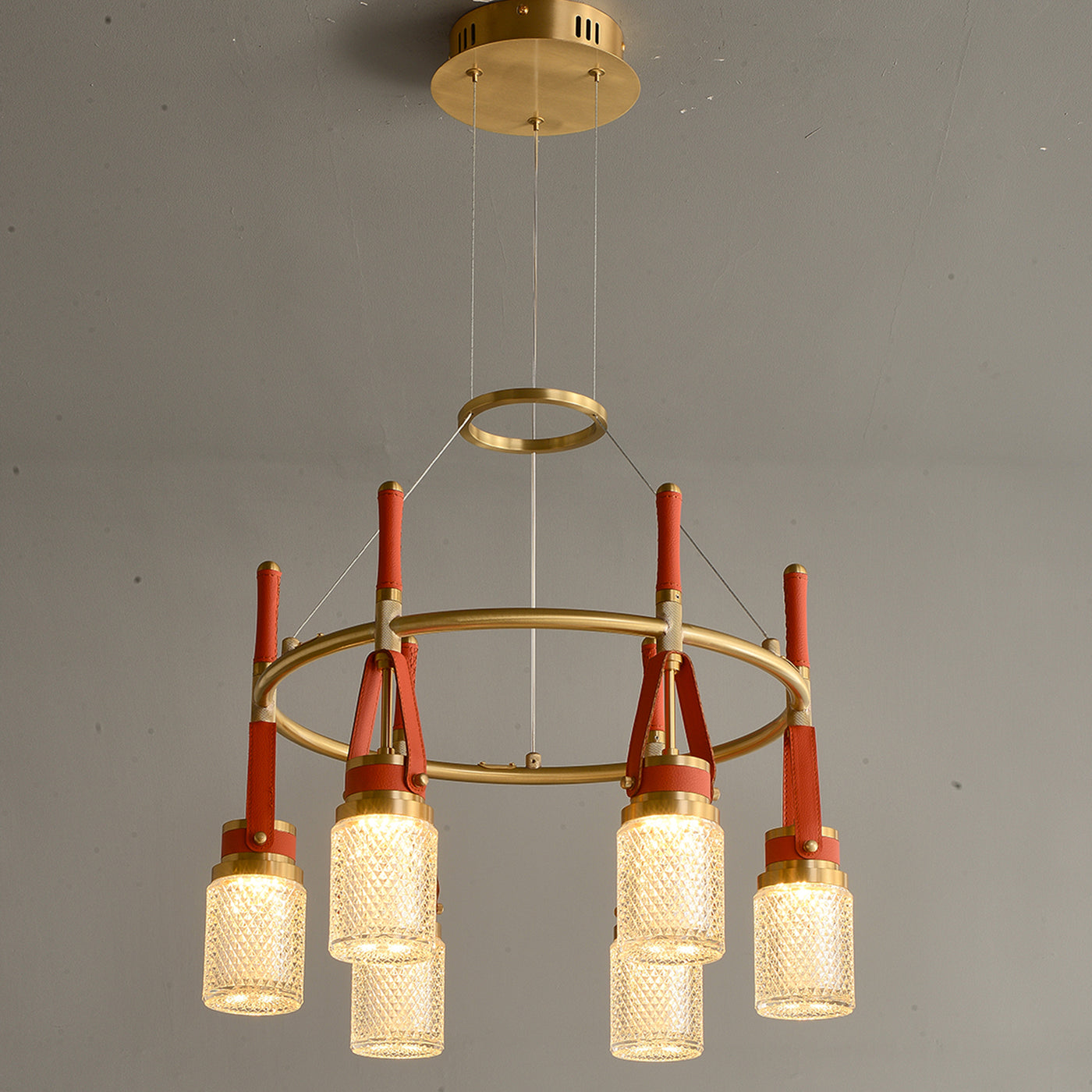 Luxury and full copper red leather chandelier
