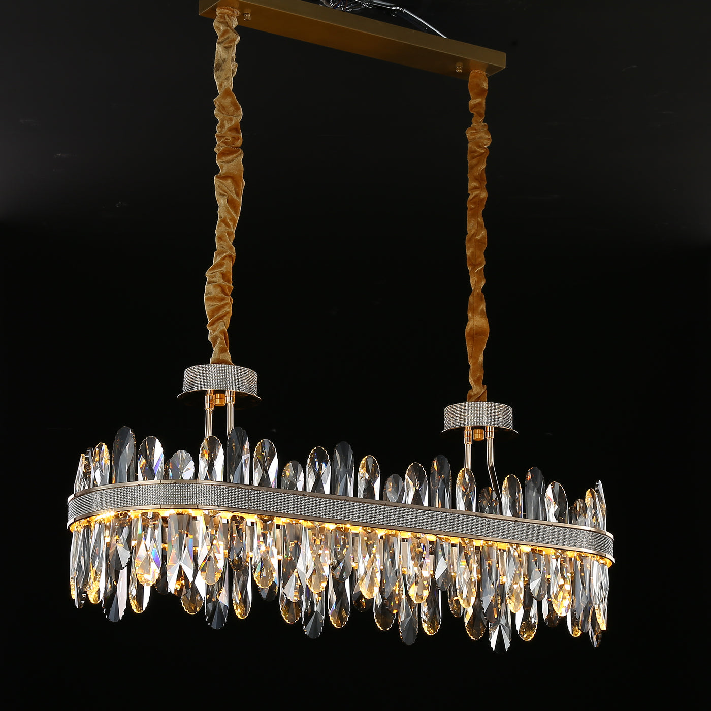 Long Crystal Rectangle Golden Lamp Body Modern Chandelier