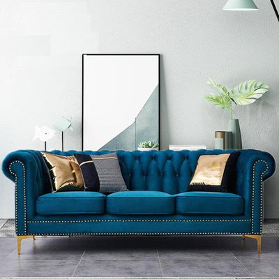 Blue Fabric sofa Living room couch with rivets