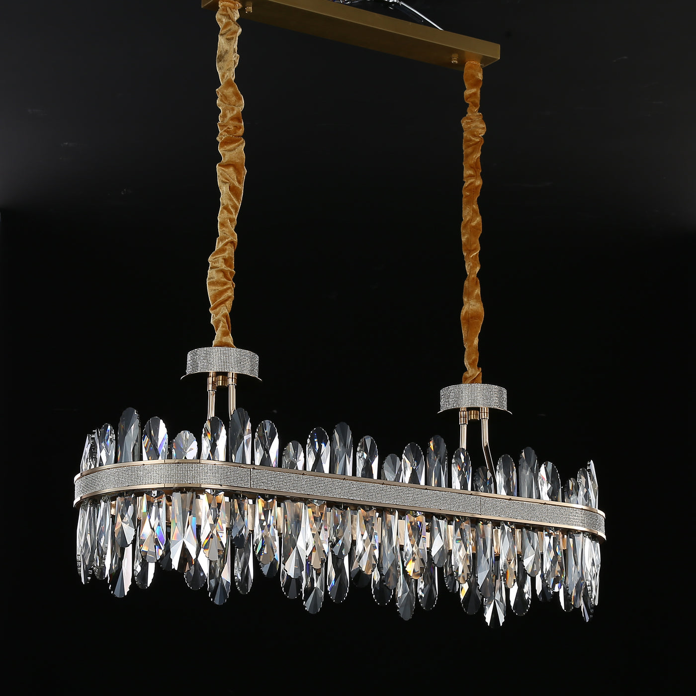 Long Crystal Rectangle Golden Lamp Body Modern Chandelier