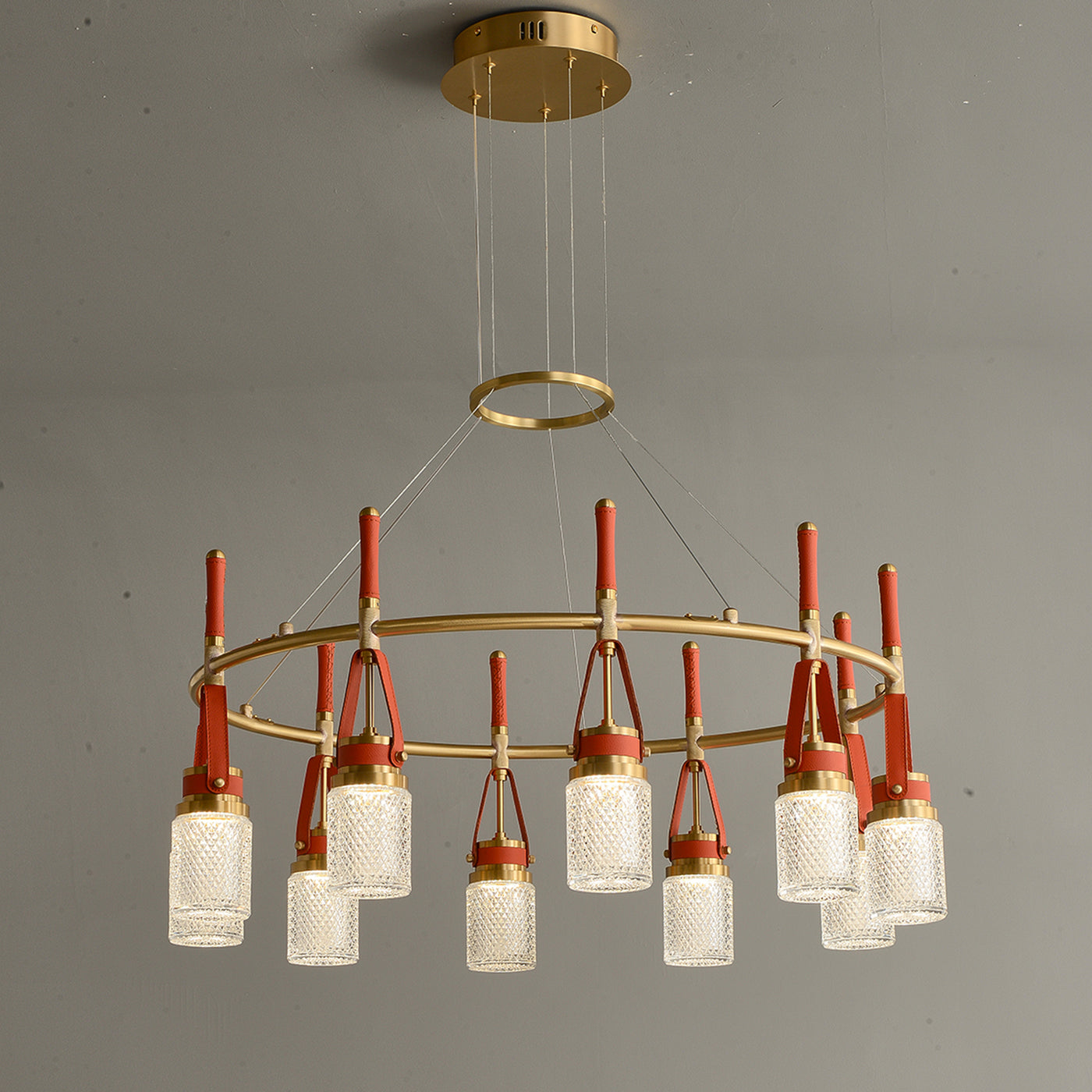 Luxury and full copper red leather chandelier