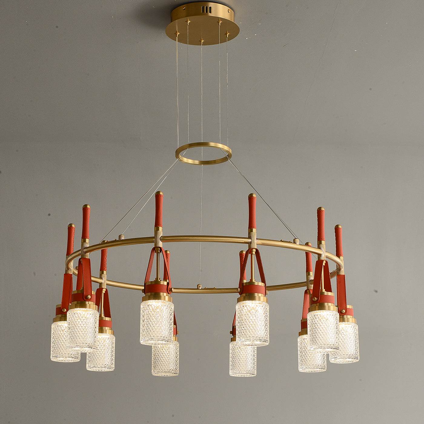Luxury and full copper red leather chandelier