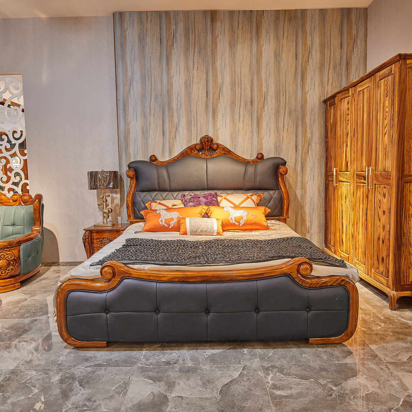 Luxury ebony wood leather bed