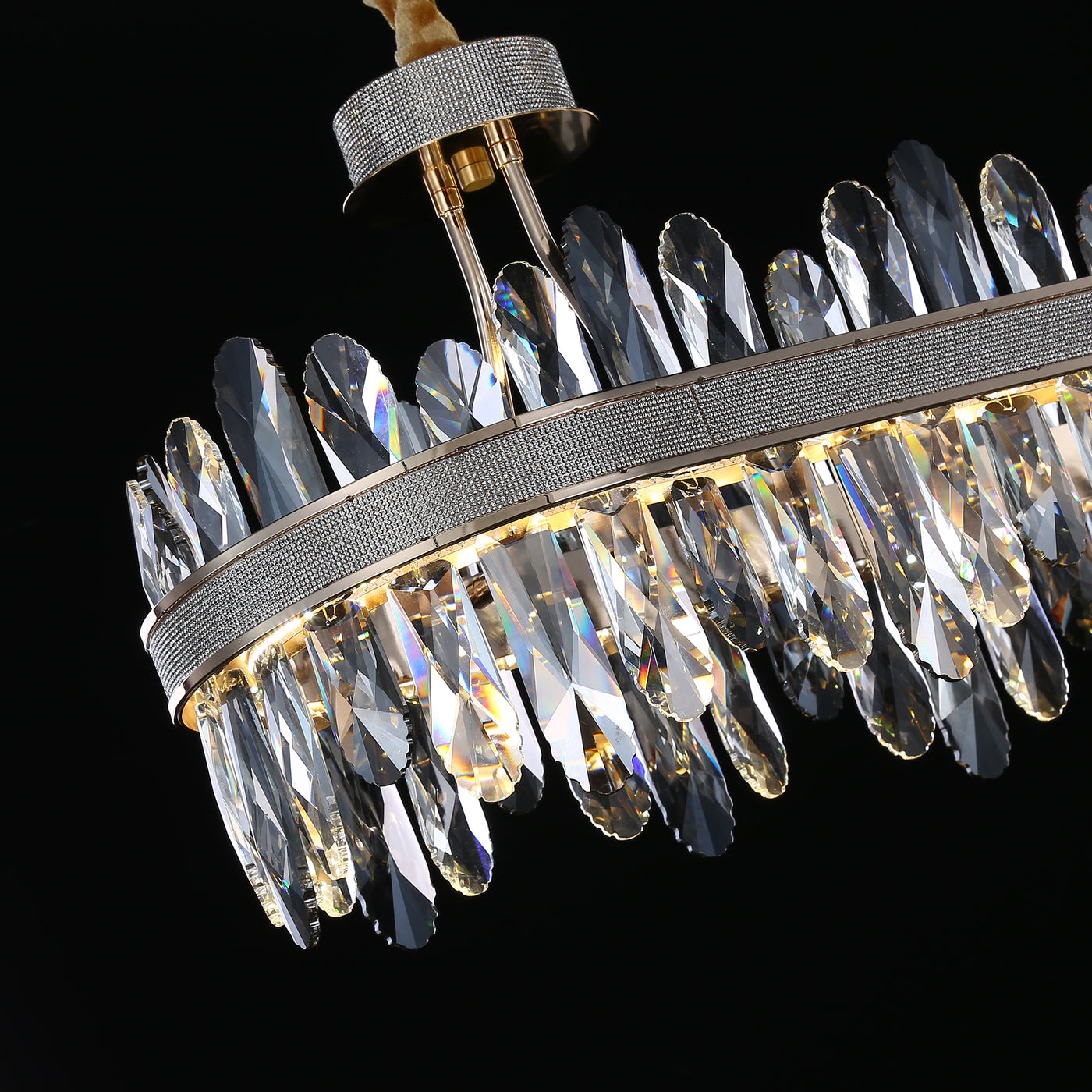 Long Crystal Rectangle Golden Lamp Body Modern Chandelier