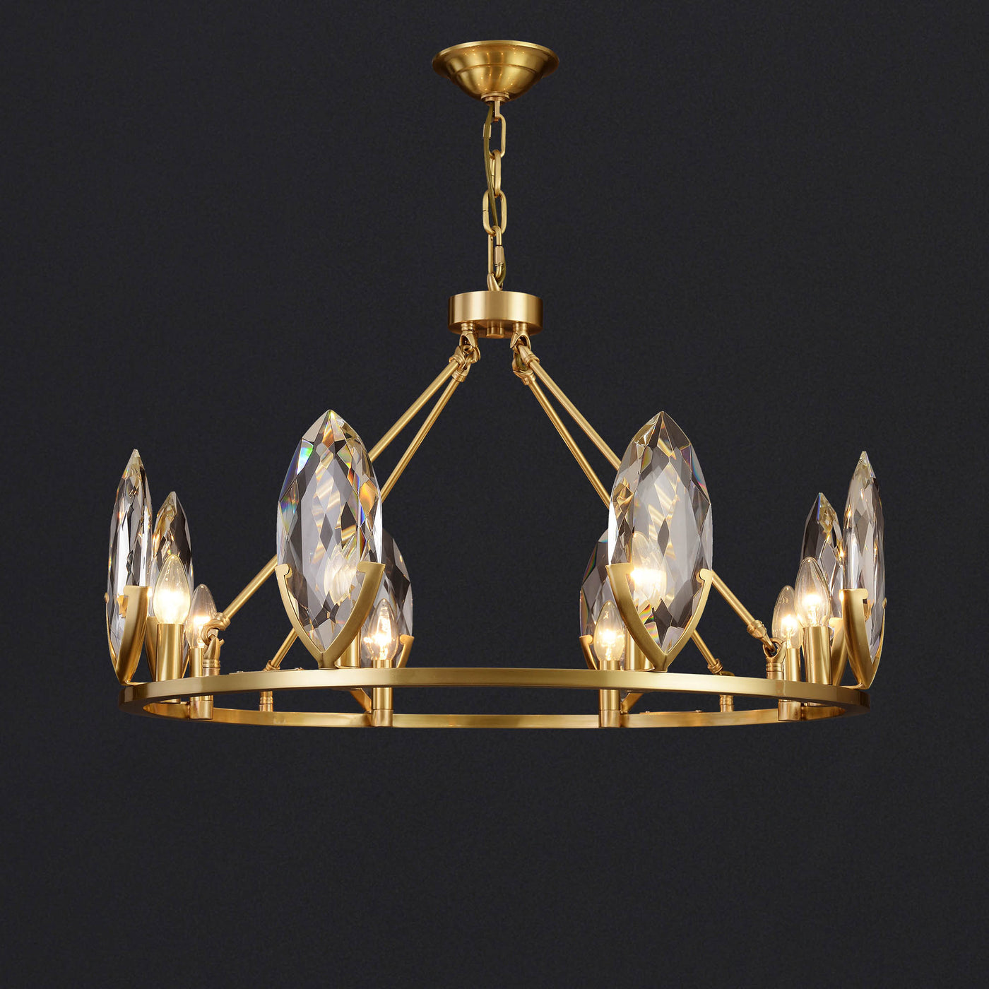 Round Leaf Brass Crystal Chandelier