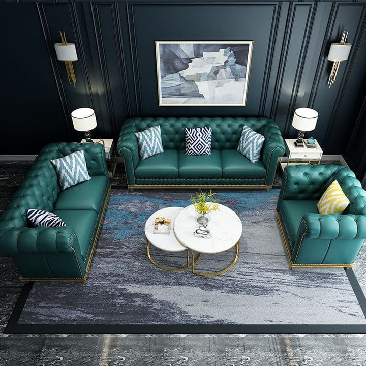 Green leather sofa set hotsell