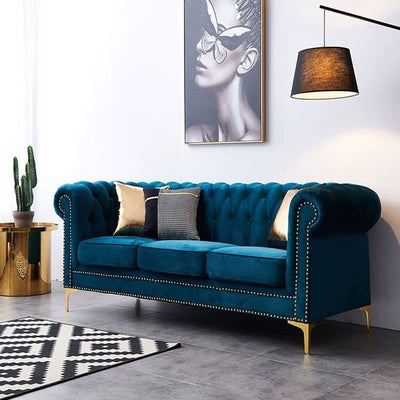 Blue Fabric sofa Living room couch with rivets