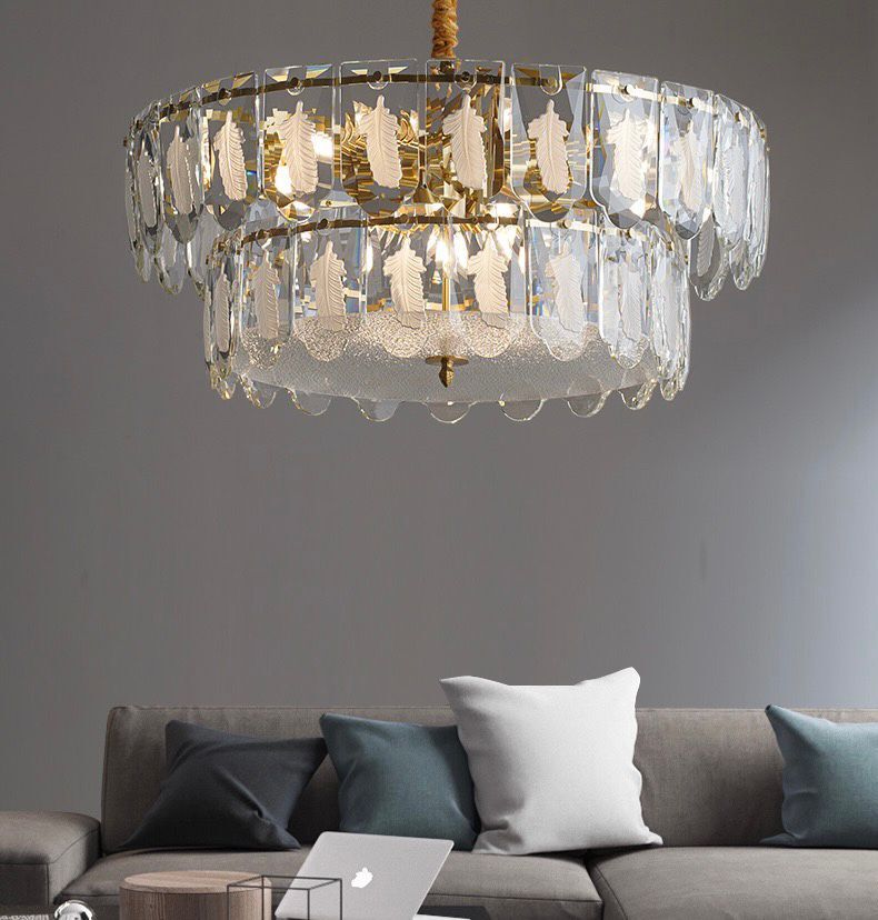 White Feather Full Copper Round Two-Tier Chandelier