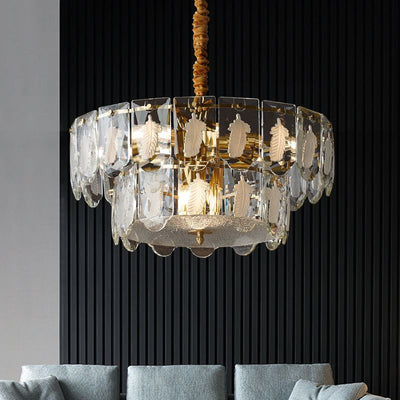 White Feather Full Copper Round Two-Tier Chandelier