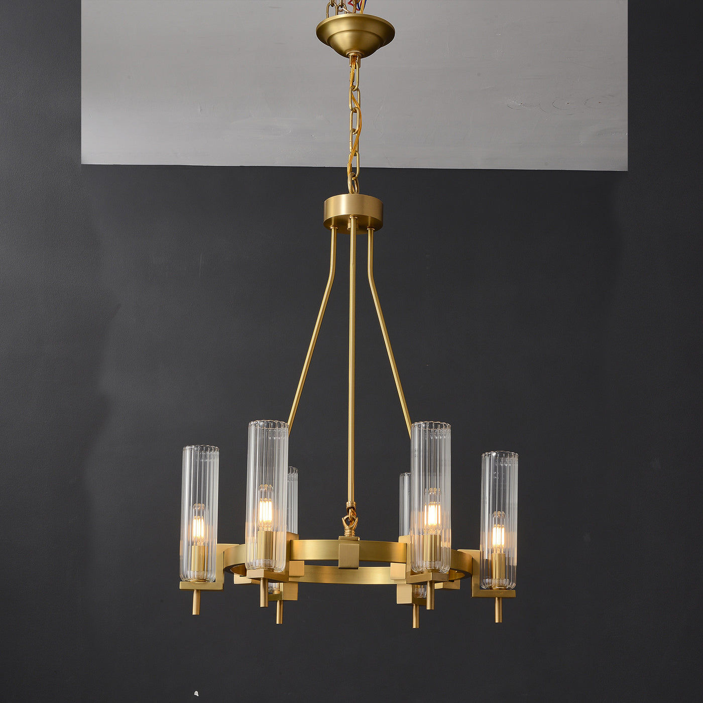 Modern Geometrical Clear Glass Brass Chandelier